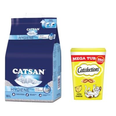 18 l Catsan Hygiene Plus macskaalom + 2x350g Dreamies sajt macskasnack 15% árengedménnyel - Kisállat kiegészítők webáruház - állateledelek