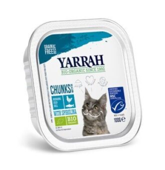 24x100g Yarrah Bio nedves macskatáp- Falatkák: Hal & bio spirulina alga - Kisállat kiegészítők webáruház - állateledelek