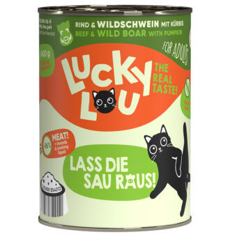 6x400g Lucky Lou Adult Marha & vaddisznó nedves macskatáp - Kisállat kiegészítők webáruház - állateledelek