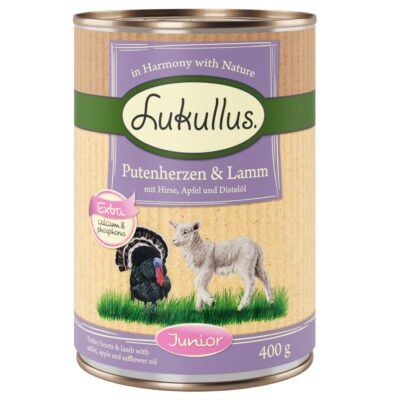 24x400g Lukullus Junior nedves kutyatáp-pulykaszív & bárány - Kisállat kiegészítők webáruház - állateledelek