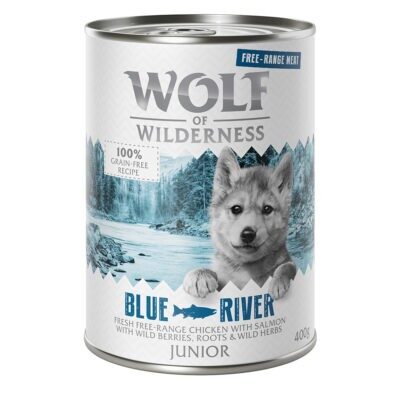 24x400g Wolf of Wilderness Free-Range Meat Junior Blue River szabad tartású csirke & lazac nedves kutyatáp - Kisállat kiegészítők webáruház - állateledelek
