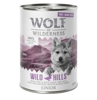24x400g Wolf of Wilderness Free-Range Meat Junior Wild Hills szabad tartású kacsa & borjú nedves kutyatáp - Kisállat kiegészítők webáruház - állateledelek