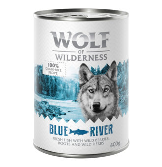 24x400g Wolf of Wilderness nedves kutyatáp- Blue River hal - Kisállat kiegészítők webáruház - állateledelek
