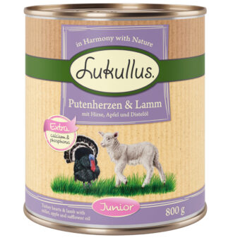 24x800g Lukullus Junior pulykaszív & bárány nedves kutyatáp - Kisállat kiegészítők webáruház - állateledelek