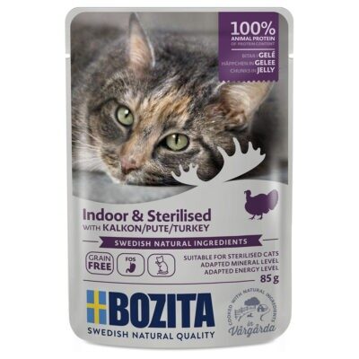24x85g Bozita falatok aszpikban Indoor & Sterilised pulyka nedves macskatáp - Kisállat kiegészítők webáruház - állateledelek