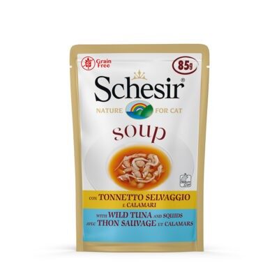 24x85g Schesir Cat Soup nedves macskatáp- Tonhal & tintahal - Kisállat kiegészítők webáruház - állateledelek