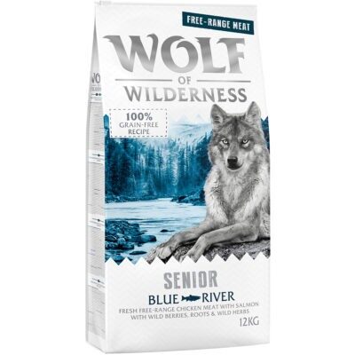 12kg Wolf of Wilderness száraz kutyatáp rendkívüli árengedménnyel - Senior "Blue River"- szabad tartású csirke & lazac - Kisállat kiegészítők webáruház - állateledelek