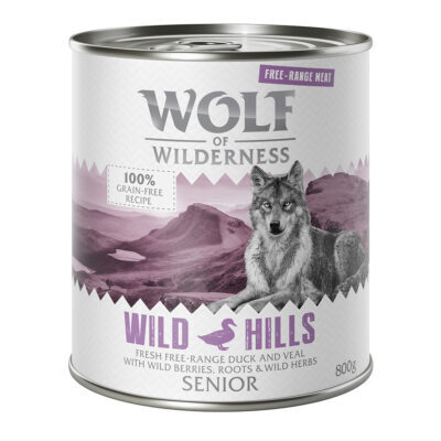 24x800g Wolf of Wilderness "Free-Range Meat" Senior Wild Hills szabad tartásút kacsa & borjú nedves kutyatáp - Kisállat kiegészítők webáruház - állateledelek