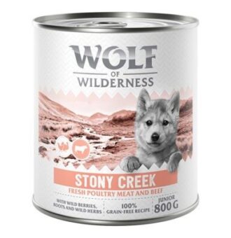 6x800g Wolf of Wilderness Junior “Expedition” nedves kutyatáp - Stony Creek - Szárnyas marhával - Kisállat kiegészítők webáruház - állateledelek