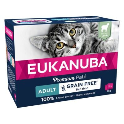 Economy csomag: 48x85g Eukanuba Grain Free Adult Lamb nedves macskaeledel