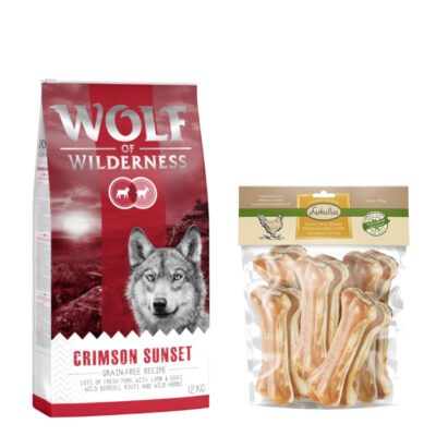 12kg Wolf of Wilderness "Crimson Sunset" - bárány & kecskeszáraz kutyatáp+750g 15cm-es Lukullus csirke rágócsont kutyáknak ingyen - Kisállat kiegészítők webáruház - állateledelek