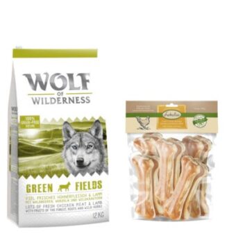 12kg Wolf of Wilderness Adult 'Green Fields' - bárány száraz kutyatáp+750g 15cm-es Lukullus csirke rágócsont kutyáknak ingyen - Kisállat kiegészítők webáruház - állateledelek