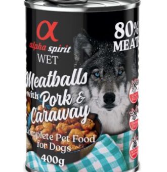 12x400g alpha spirit Dog Meatballs Sertés & kömény nedves kutyatáp - Kisállat kiegészítők webáruház - állateledelek