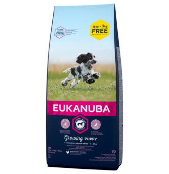 18kg  Eukanuba Puppy Medium Breed csirke száraz kutyatáp bónuszcsomagban 15 + 3 kg ingyen! - Kisállat kiegészítők webáruház - állateledelek