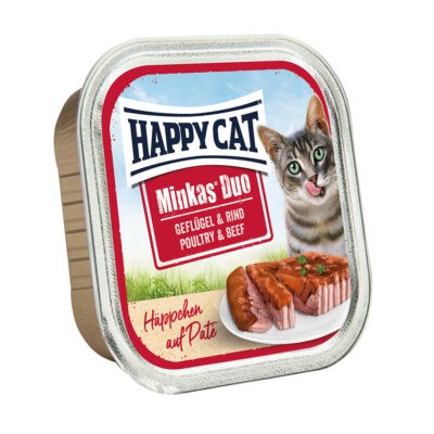 24x100g Happy Cat Minkas Duo Szárnyas & marha pástétom & falatkák tálcás nedves macskatáp - Kisállat kiegészítők webáruház - állateledelek