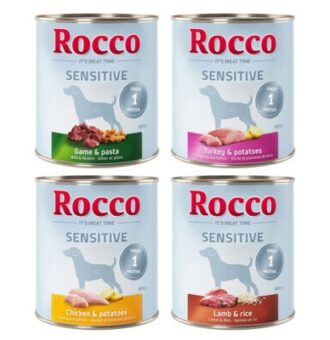24x800g Rocco Sensitive vegyes csomag 4 fajtával nedves kutyatáp - Kisállat kiegészítők webáruház - állateledelek