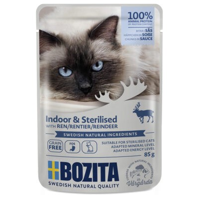 24x85g Bozita falatok szószban Indoor & Sterilised nedves Rénszarvas macskatáp - Kisállat kiegészítők webáruház - állateledelek
