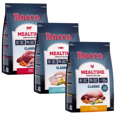 3x1kg Rocco Mealtime száraz kutyatáp vegyes próbacsomagban (csirke