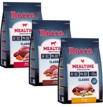3x1kg Rocco Mealtime száraz kutyatáp vegyes próbacsomagban (marha