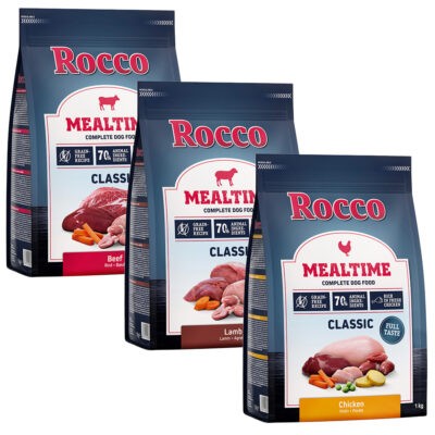 3x1kg Rocco Mealtime száraz kutyatáp vegyes próbacsomagban (marha