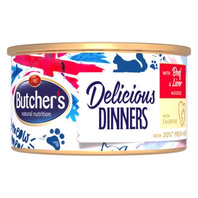 24x85g Butcher's Delicious Dinners Marhahús & máj nedves macskatáp - Kisállat kiegészítők webáruház - állateledelek