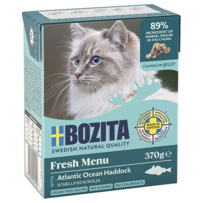 24x370g Bozita falatoknedves macskatáp- Tőkehal aszpikban - Kisállat kiegészítők webáruház - állateledelek