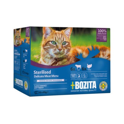 24x85g Bozita Indoor & Sterilised Aszpikban nedves tasakos macskatáp vegyes csomagban - Kisállat kiegészítők webáruház - állateledelek