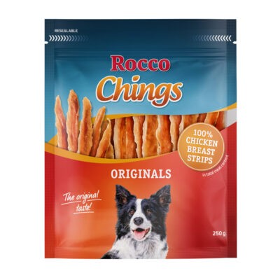 12x250g Rocco Chings rágócsíkok csirkemelcsíkok kutyasnack - Kisállat kiegészítők webáruház - állateledelek
