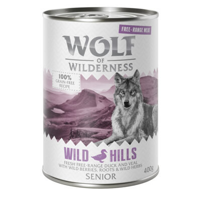 24x400g Wolf of Wilderness "Free-Range Meat" Senior Wild Hills szabad tartású kacsa & borjú nedves kutyatáp - Kisállat kiegészítők webáruház - állateledelek