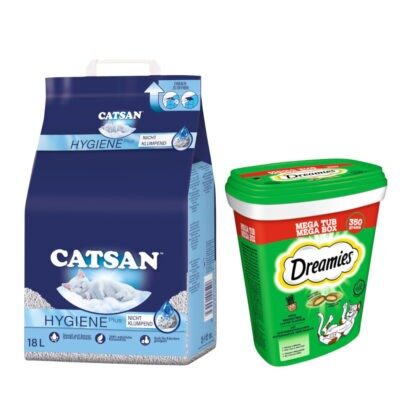 18 l Catsan Hygiene Plus macskaalom+2x350g Dreamies macskamenta macskasnack 15% árengedménnyel - Kisállat kiegészítők webáruház - állateledelek