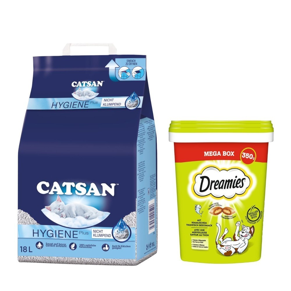 18 l Catsan Hygiene Plus macskaalom+2x350g Dreamies tonhal macskasnack 15% árengedménnyel - Kisállat kiegészítők webáruház - állateledelek