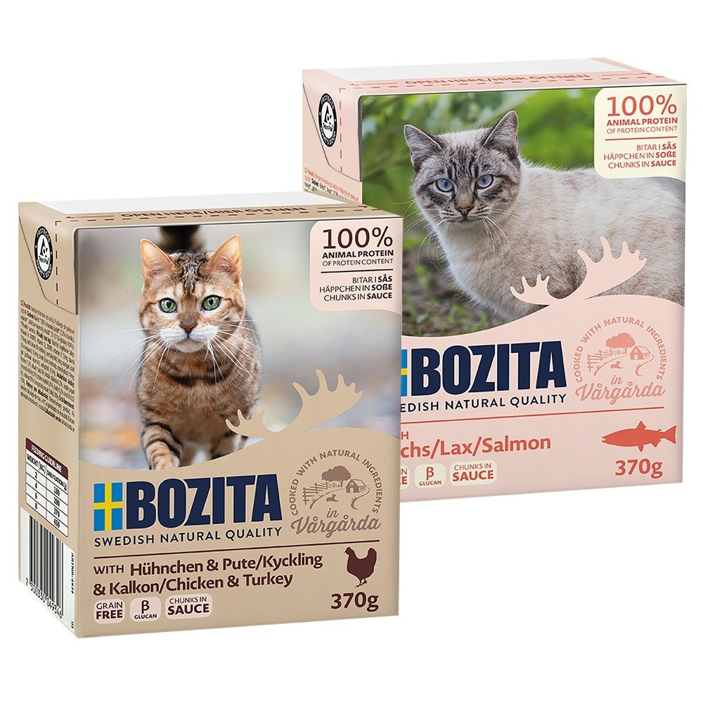 24x370g Bozita falatok nedves macskatáp- Vegyes csomag I (12x csirke & 12x pulyka + lazac szószban ) - Kisállat kiegészítők webáruház - állateledelek