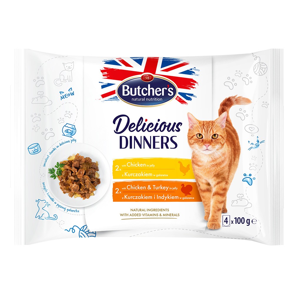 64x100g Butcher's Delicious Dinners nedves macskatáp Mix: csirke + csirke & pulyka - Kisállat kiegészítők webáruház - állateledelek