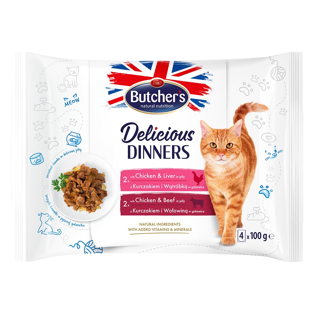 64x100g Butcher's Delicious Dinners nedves macskatáp Mix: csirke & máj + csirke & marha - Kisállat kiegészítők webáruház - állateledelek