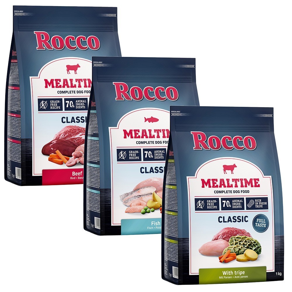 3x1kg Rocco Mealtime száraz kutyatáp vegyes próbacsomagban (pacal