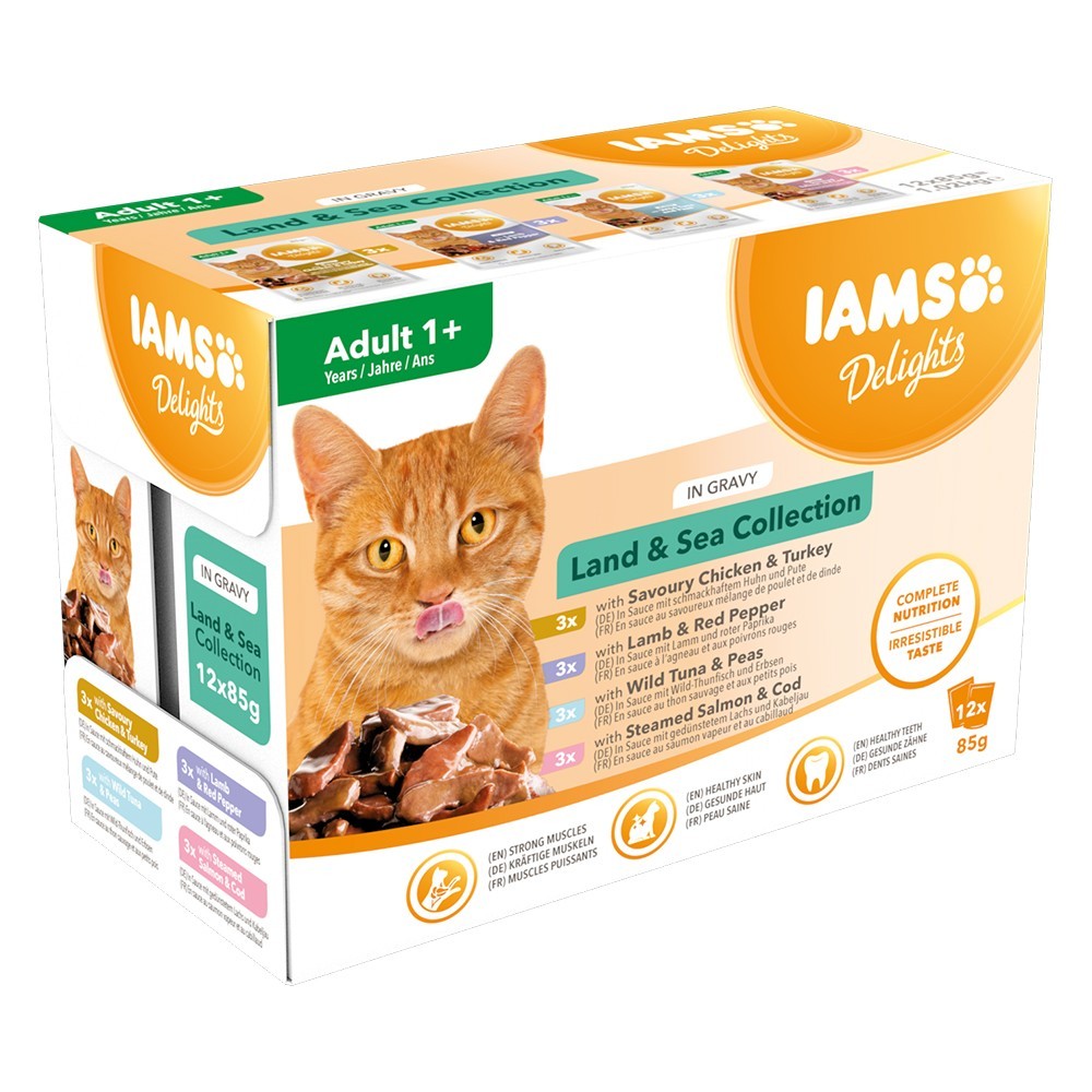 48x85g IAMS Delights Adult: szárazföld & tenger mix szószban nedves macskatáp 36 + 12 ingyen akcióban - Kisállat kiegészítők webáruház - állateledelek