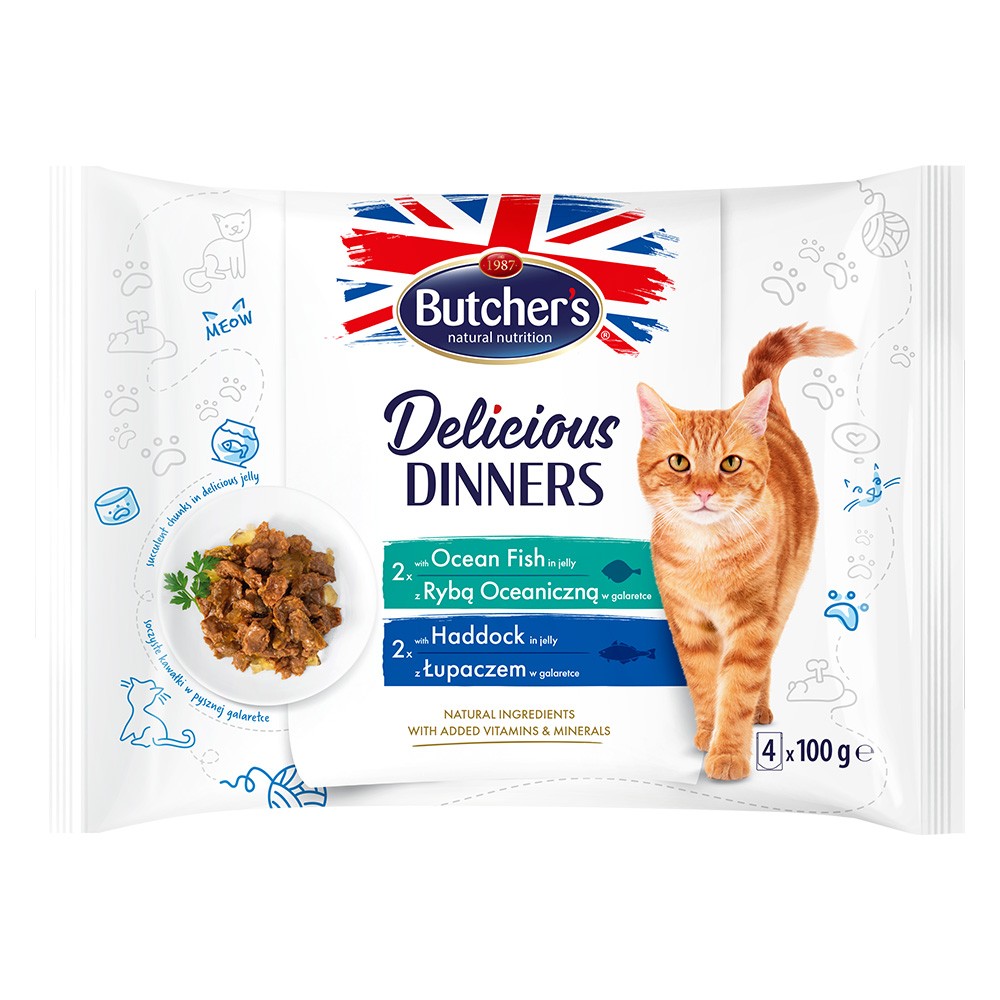 32x100g Butcher's Delicious Dinners nedves macskatáp Mix: tengeri hal + tőkehal - Kisállat kiegészítők webáruház - állateledelek
