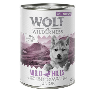 24x400g Wolf of Wilderness Free-Range Meat Junior Wild Hills szabad tartású kacsa & borjú nedves kutyatáp - Kisállat kiegészítők webáruház - állateledelek