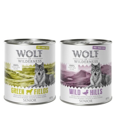 24x800g Wolf of Wilderness Free-Range Meat Senior mix: kacsa & borjú