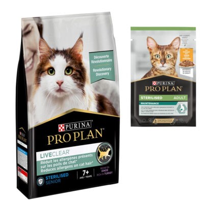 3kg PURINA PRO PLAN LiveClear Sterilised Senior 7+ pulyka száraz macskatáp +6x85 g Sterilised Adult Maintenance nedves macskatáp ingyen - Kisállat kiegészítők webáruház - állateledelek