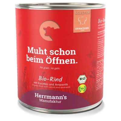 6x800g Herrmann´s Bio Menü Sensitive nedves kutyatáp - Bio marha bio sárgarépával & bio amaránttal - Kisállat kiegészítők webáruház - állateledelek