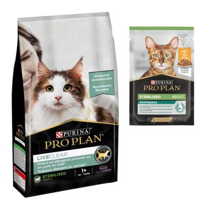 7kg PURINA PRO PLAN LiveClear Sterilised Adult pulyka száraz macskatáp +6x85 g Sterilised Adult Maintenance nedves macskatáp ingyen - Kisállat kiegészítők webáruház - állateledelek