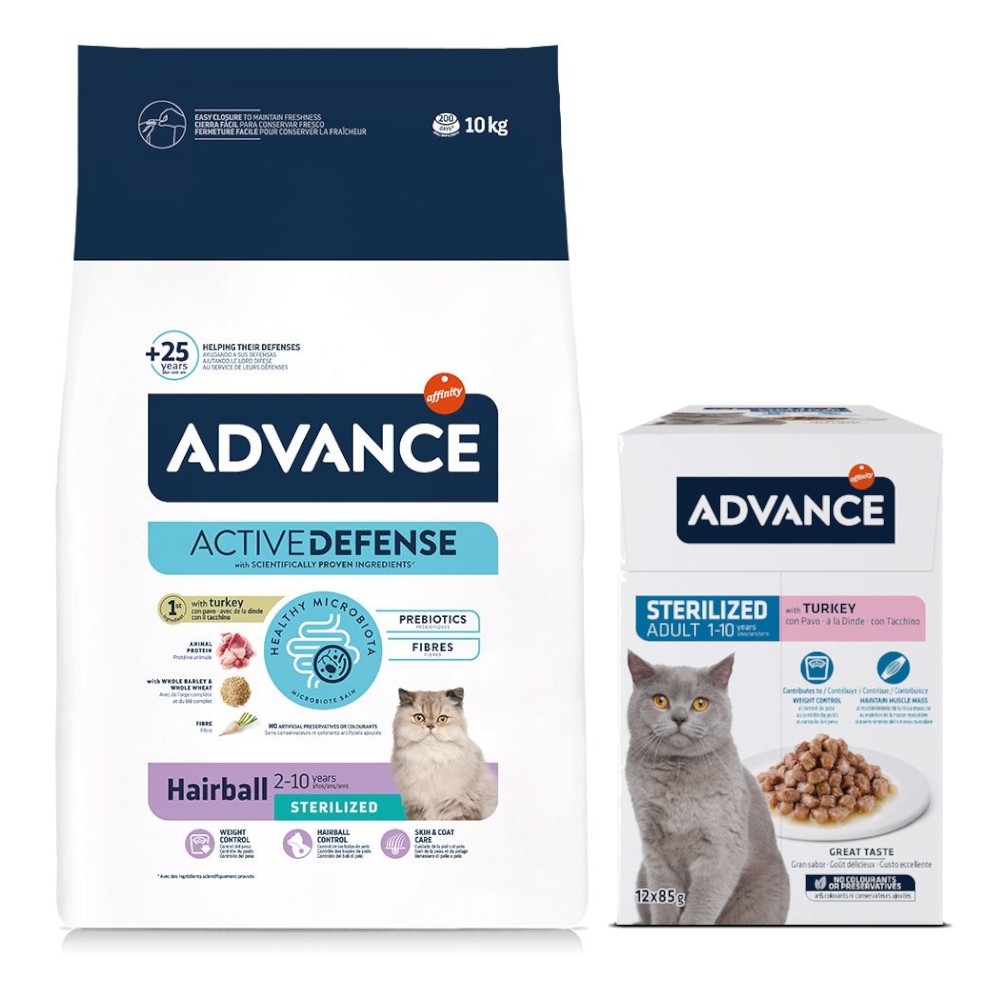 10kg Advance Hairball száraz macskatáp+12x85g Sterilized pulyka nedvestáp akciósan - Kisállat kiegészítők webáruház - állateledelek