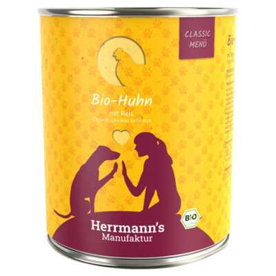 24x800g Herrmann's Classic Bio Menü Classic bio csirke & bio rizs nedves kutyatáp - Kisállat kiegészítők webáruház - állateledelek