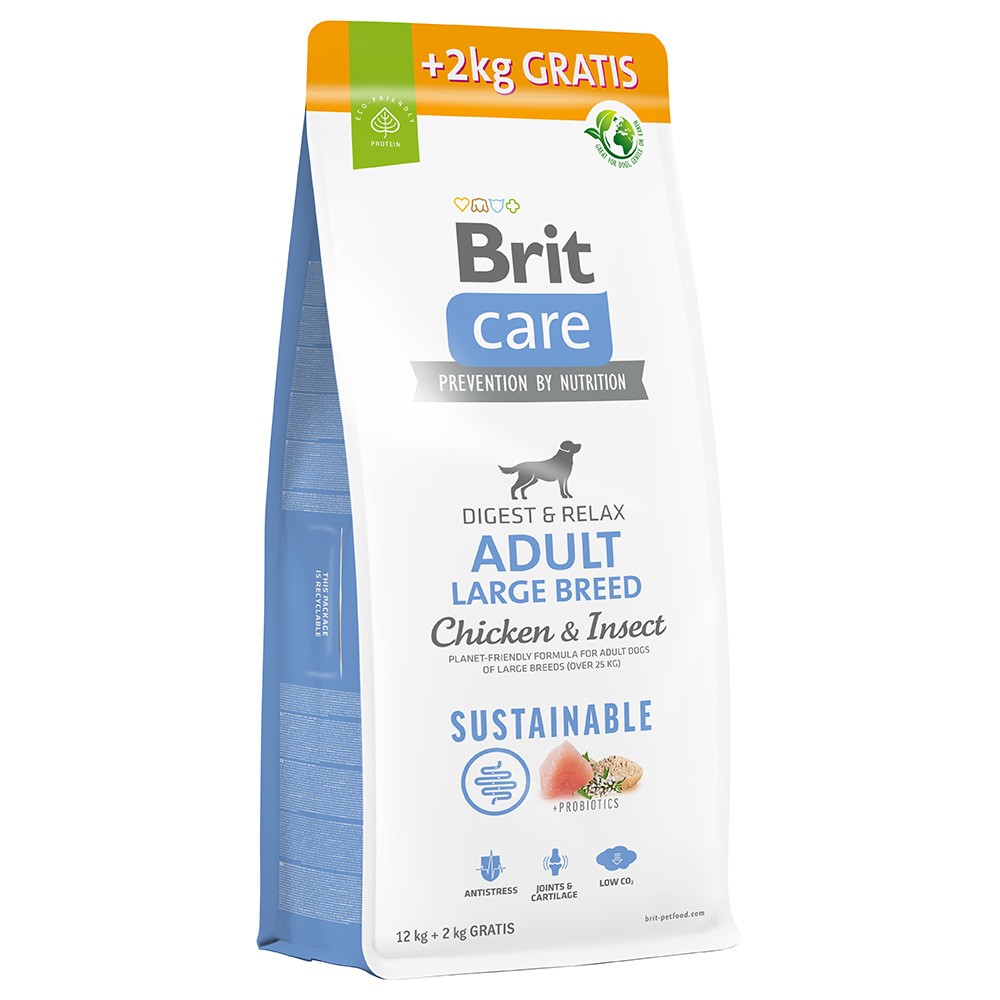 14kg Brit Care Sustainable Adult Large Breed Chicken & Insect száraz kutyatáp 12kg+2kg ingyen - Kisállat kiegészítők webáruház - állateledelek