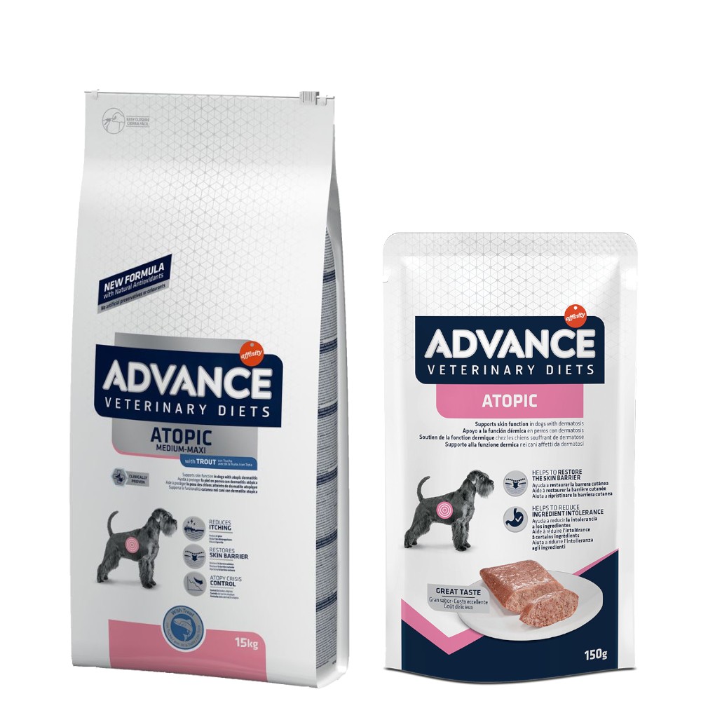 15kg Advance Veterinary Diets Atopic száraz kutyatáp+8x150g nedvestáp ingyen - Kisállat kiegészítők webáruház - állateledelek