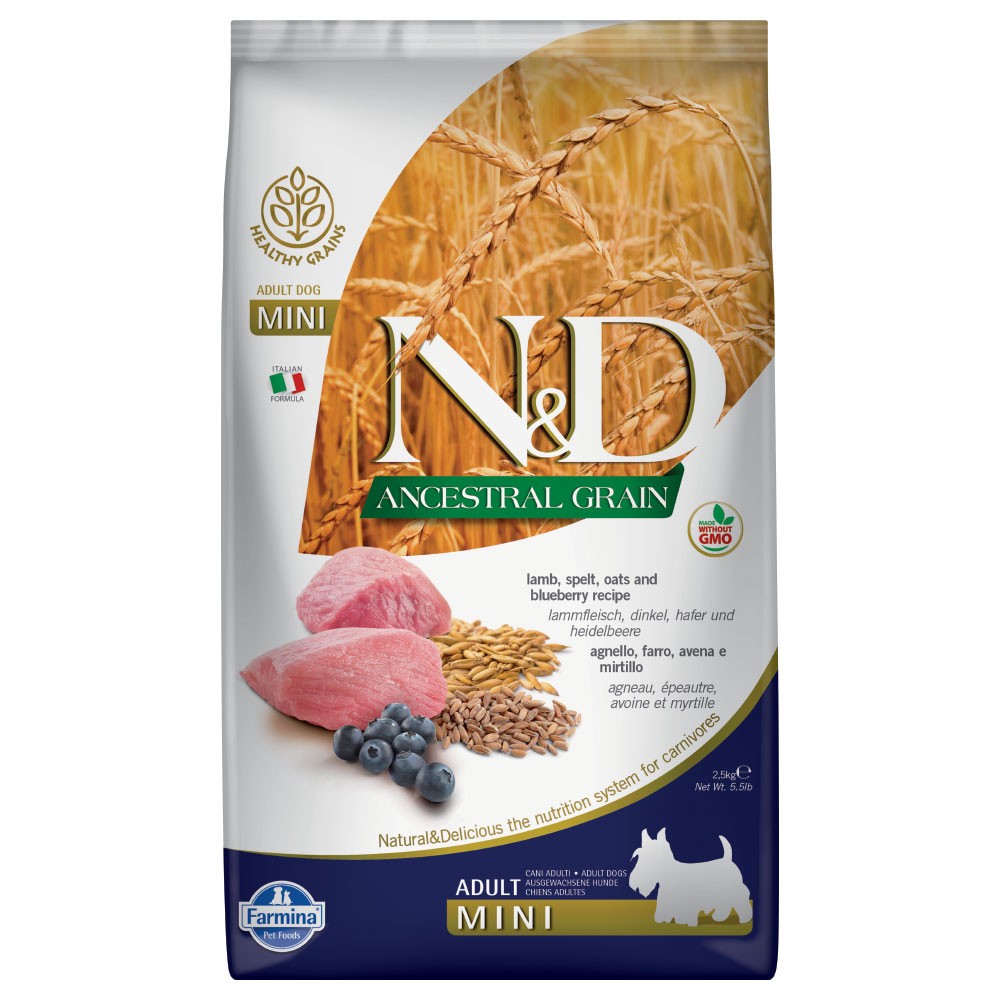 2x7kg Farmina N&D Ancestral Grain Adult Mini bárány és áfonya száraz kutyatáp - Kisállat kiegészítők webáruház - állateledelek