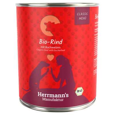 12x800g Hermann's Classic Bio Menü Bio marha & bio hajdina nedves kutyatáp - Kisállat kiegészítők webáruház - állateledelek