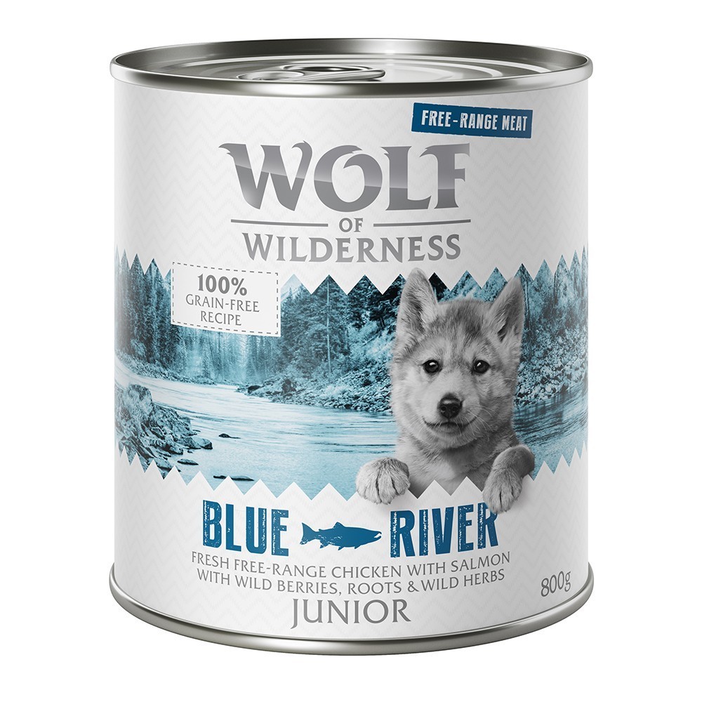 24x800g Wolf of Wilderness Free-Range Meat Junior Blue River szabad tartású csirke & lazac nedves kutyatáp - Kisállat kiegészítők webáruház - állateledelek