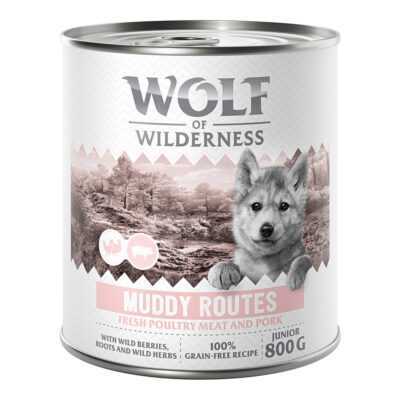 24x800g Wolf of Wilderness Muddy Routes - Szárnyas sertéssel nedves kutyatáp rendkívüli árengedménnyel - Kisállat kiegészítők webáruház - állateledelek